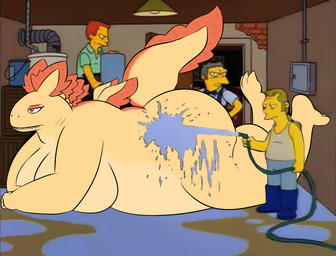 anthro big_butt blocked_nipples breasts butt clothed clothed_male clothing female group hose larger_female lying male male/female male_human nude on_front overweight size_difference water pickles-hyena mythology the_simpsons moe_szyslak dragon human mammal mythological_creature mythological_scalie scalie draw_over