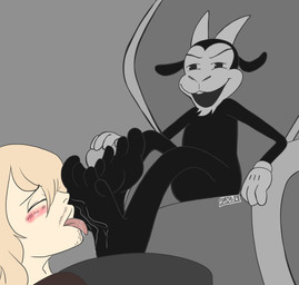 anthro blush duo feet foot_fetish foot_focus foot_lick goofy_goat_(van_beuren) humanoid_feet licking male plantigrade smile soles toes tongue imaranx bovid caprine goat human mammal absurd_res hi_res