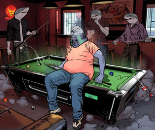 anthro bald beak billiard_table billiards bodily_fluids cere_(anatomy) clothed clothing cue_stick furniture group humor inside male neon_sign overweight pool_shark pun sign sitting standing sweat sweatdrop table teeth visual_pun billmund creatures_of_the_night jägermeister wingman aquatic avian bird columbid fish great_white_shark mackerel_shark pigeon rock_dove shark white_shark 6:5 hi_res