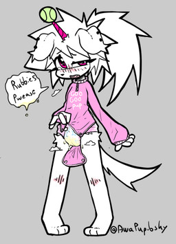 3_toes 4_fingers anthro ball blush blush_lines bodily_fluids clothed clothing dialogue diaper ear_piercing exposed_diaper feet female fingers floppy_ears folded_ears genital_fluids grey_background hair holding_clothing holding_object horn knee_blush leaking_diaper one_eye_half-closed onesie open_mouth piercing pink_clothing pink_eyes pink_horn ponytail requesting sex_request simple_background solo speech_bubble tail tears tears_of_pleasure teeth tennis_ball tennis_ball_on_horn text toes unclean_diaper unicorn_horn urine used_diaper wearing_diaper wet_diaper white_hair white_tail young young_anthro young_female anxipup unicorn_puppie_(anxipup) canid canine mammal english_text signature