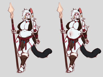 anthro armor beads belly big_belly big_breasts bodypaint bottomwear bracers breasts cleavage clothed clothing curvy_figure ear_piercing ear_ring eyebrows face_paint facial_paint female fur greaves green_eyes hair hoop_ear_ring huge_breasts jewelry knife leather leather_clothing loincloth melee_weapon navel necklace piercing polearm pregnant pregnant_anthro pregnant_female raised_eyebrow ring_piercing solo spear standing tribal weapon white_body white_fur white_hair inu-sama jocasta_(dogsmith) domestic_cat felid feline felis mammal 2021 hi_res