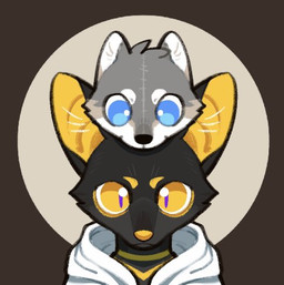 ambiguous_gender anthro black_body black_ears black_fur black_nose blue_eyes blue_pupils clothed clothing duo fur grey_body grey_ears grey_fur looking_at_viewer mouth_closed pupils simple_background slit_pupils topwear unsigned white_clothing white_inner_ear white_topwear yellow_eyes yellow_inner_ear yellow_nose asnnonaka boss_(asnnonaka) freb_(asnnonaka) canid canine canis jackal mammal low_res