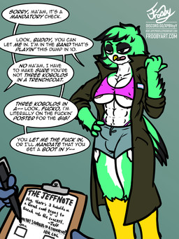 annoyed anthro areola areola_slip athletic athletic_intersex bottomwear bouncer bulge clipboard clothing coat denim denim_bottomwear denim_clothing denim_shorts dialogue eyeshadow green_body gynomorph highlights_(coloring) intersex lgbt_pride makeup pen_(object) pride_colors profanity reality_shift shirt shorts simple_background solo tank_top text topwear transformation transgender_pride_colors trenchcoat frooby aria_stormwood_(frooby) avian bird finch oscine passerine 3:4 absurd_res english_text hi_res signature