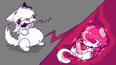 accessory ambiguous_gender animal_genitalia animal_penis balls bell bell_collar belly big_belly black_bow blush bodily_fluids bow_ribbon burping canine_genitalia canine_penis collar cum cum_in_stomach cum_inside cumshot digitigrade duo ejaculation erection feet feral fur genital_fluids genitals hair hair_accessory hair_bow hair_ribbon inside inside_stomach internal knot male male/ambiguous nude open_mouth organs pawpads paws penis pink_body pink_fur pink_hair pink_pawpads pink_paws red_eyes ribbons simple_background stomach tail toes toony vore white_body white_fur white_hair nofood_nodrinks canid canine domestic_cat felid feline felis fox hybrid mammal 16:9 digital_media_(artwork) microsoft_paint_(artwork) widescreen