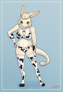 animal_print animal_print_thigh_highs anthro armwear between_breasts beverage_between_breasts big_breasts blonde_hair bottle bra breasts clothing container cow_print cow_print_bra cow_print_elbow_gloves cow_print_lingerie cow_print_panties cow_print_thigh_highs elbow_gloves female gloves green_eyes hair handwear legwear looking_at_viewer milk milk_bottle milk_container neck_tuft panties pattern_clothing pattern_legwear pattern_thigh_highs solo tail tail_tuft thigh_highs tuft underwear wool_hair brick_(artist) the_nature_of_predators laila_(frogman) venlil_(the_nature_of_predators) absurd_res hi_res