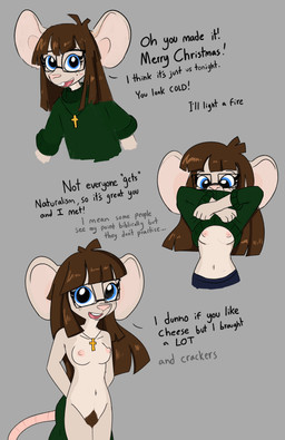anthro big_ears blue_eyes breasts brown_hair brown_pubes casual_nudity clothing cross cross_necklace dialogue eyewear female glasses grey_background hair jewelry looking_at_viewer necklace nudist pubes simple_background solo sweater talking_to_viewer tan_body text topwear undressing tjpones mammal mouse murid murine rodent 2025 absurd_res english_text hi_res sequence