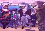 anthro clothing eating female fin food group inside_train jewelry legwear male piercing sharp_teeth sitting size_difference smile stockings teeth train uncomfortable vehicle eggplantina cetacean dolphin fish ground_shark hammerhead_shark mammal marine oceanic_dolphin shark toothed_whale