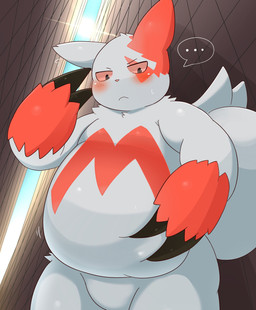 ambiguous_gender anthro belly belly_grab belly_jiggle black_eyes blush bodily_fluids claws ellipsis featureless_crotch finger_claws fluffy fluffy_tail front_view frown fur hand_on_belly hand_on_own_belly jiggling looking_away looking_down low-angle_view markings overweight overweight_ambiguous overweight_anthro red_markings red_sclera solo standing sun sweat sweatdrop tail thick_tail wall_(structure) white_body white_fur ai_only_dream nintendo pokemon generation_3_pokemon pokemon_(species) zangoose 2022 hi_res