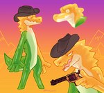 2024 anthro candy clothing cowboy_hat crocodile crocodilian dessert digital_drawing_(artwork) digital_media_(artwork) digitigrade empty_eyes featureless_feet feet food food_creature glistening glistening_body glitch_productions gradient_background green_body gummigoo_(tadc) gun handgun hat hat_only headgear headgear_only headwear headwear_only hi_res holding_gun holding_handgun holding_object holding_ranged_weapon holding_revolver holding_weapon jaspering living_candy male mostly_nude narrowed_eyes open_mouth ranged_weapon reptile revolver scalie shaded signature simple_background smile snout solo standing tail the_amazing_digital_circus weapon white_eyes yellow_body