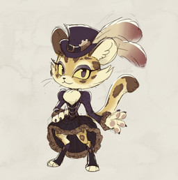 anthro biped claws clothed clothed_anthro clothed_female clothing digitigrade dipstick_tail female fluffy fluffy_tail fur furgonomics hat_feather headgear headwear looking_at_viewer loose_feather markings pawpads pink_pawpads purple_claws purple_eyes simple_background solo spots spotted_body spotted_fur tail tail_markings tan_body tan_fur three-quarter_view wearing_hat white_background white_body white_fur yellow_sclera kamabokobun kirby's_dreamy_gear kirby_(series) nintendo clawroline felid leopard mammal pantherine 2022 digital_drawing_(artwork) digital_media_(artwork) english_description full-length_portrait hi_res portrait signature