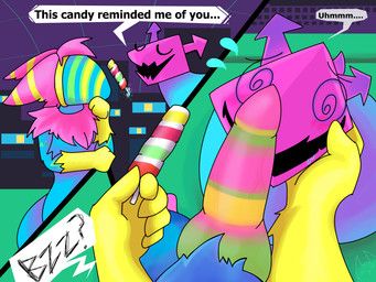 ambiguous_gender blush bodily_fluids candy candy_cane dessert dialogue duo food genitals knot knotted_penis male penis penis_in_face saliva speech_bubble sweat sweatdrop text thinking waranya deltarune undertale_(series) darkner virovirokun werewire 4:3 absurd_res digital_media_(artwork) english_text hi_res