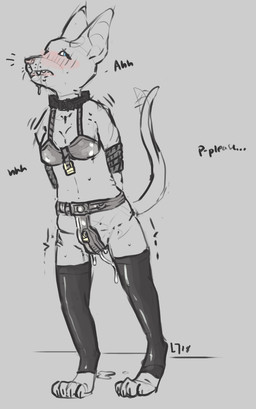 anthro bodily_fluids chastity_belt chastity_device clothing dialogue female genital_fluids hairless latex legwear lock messy solo tail text thigh_highs vaginal_fluids yonic_chastity_device conditional_dnp lustylamb domestic_cat felid feline felis hairless_cat mammal sphynx_(cat) 2018 absurd_res english_text hi_res