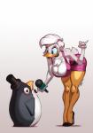 anatid anseriform anthro avian beak bent_over big_breasts bird blue_eyes breasts chest_tuft cleavage clothed clothing curvy_figure daisy_duck digital_media_(artwork) disney dress duck duo electronics eyelashes eyeshadow feathers female footwear hair hat headgear headwear hi_res high_heels long_legs looking_down makeup microphone non-mammal_breasts penguin quack_pack shoes short_dress short_hair short_tail size_difference standing tail thick_thighs top_hat tuft voluptuous white-devil white_body white_feathers white_hair white_tail