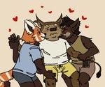 anthro arm_grab blush bottomwear clothing eyes_closed grabbing_wrist group half-closed_eyes hand_on_leg heart_symbol kissing looking_at_another male male/male narrowed_eyes selfcest shirt shorts sitting square_crossover t-shirt tail tank_top topwear trio ganii ganii_(character) ailurid binturong mammal red_panda suid suine sus_(pig) viverrid wild_boar 2025