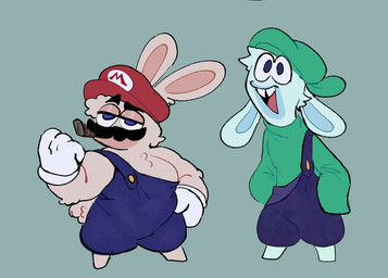 anthro arm_tuft arms_bent backwards_hat black_eyebrows blue_background blue_body blue_clothing blue_eyes blue_fur blue_inner_ear blue_overalls blue_skin button_(fastener) chest_tuft cigar cigar_in_mouth clothed clothed_anthro clothed_male clothing conjoined_eyes duo elbow_tuft eyebrows featureless_legs floppy_ears fully_clothed fully_clothed_anthro fully_clothed_male fur gloves green_clothing green_hat green_headwear half-closed_eyes hand_on_hip hand_on_own_hip handwear happy hat headgear headwear larger_anthro larger_male long_ears lop_ears male male_anthro multicolored_body muscular muscular_anthro muscular_male narrowed_eyes noseless object_in_mouth open_mouth open_smile overalls red_clothing red_hat red_headwear red_tongue scut_tail shirtless_anthro shirtless_male short_tail simple_background size_difference sleeves_past_fingers smaller_anthro smaller_male smile standing tail tan_body tan_eyelids tan_inner_ear tan_skin teeth tongue tooth_gap tuft two_tone_body white_clothing white_gloves white_handwear critterzone13 mario_bros mario_plus_rabbids_kingdom_battle nintendo raving_rabbids rayman_(series) ubisoft rabbid_luigi rabbid_mario lagomorph mammal rabbid 2023 crossover digital_drawing_(artwork) digital_media_(artwork) flat_colors