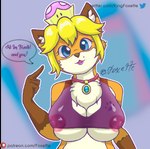 5_fingers anthro apron big_breasts blonde_hair blush bodily_fluids breasts canid canine clothed clothing crown curvy_figure eyes_closed female fingers fox foxette foxette_(foxette) fur hair headgear heart_symbol huge_breasts kemono legwear long_ears long_hair mammal mario_bros mature_anthro mature_female nintendo nipples nipplesleaning open_mouth orange_body orange_fur princess_peach red_fox shirt simple_background solo standing stockings super_crown sweat text thick_thighs thigh_highs topwear true_fox under_boob url voluptuous