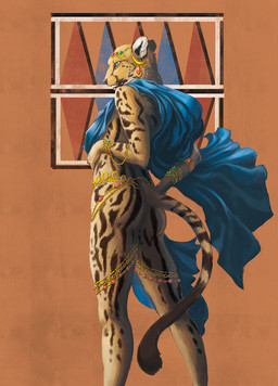 ambiguous_gender anthro blue_clothing butt clothing emerald_(gem) gem green_eyes hand_on_hip jewelry looking_forward ruby_(gem) side_view solo standing three-quarter_view yen_rin felid feline mammal hi_res