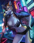 anthro black_hair bra breasts brown_eyes city clothed clothing detailed_background eyebrows eyelashes female hair midriff navel night outside solo spiked_bra spikes underwear elvofirida irene_nejem black-backed_jackal canid canine canis jackal mammal 2022 digital_media_(artwork) hi_res