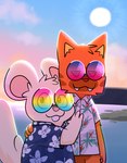 cricetid crushpepper domestic_cat eyewear felid feline felis flower_shirt fur hamster hi_res male mammal orange_body orange_fur oxynard pepper_(crushpepper) red_eyes rodent sunglasses tagme