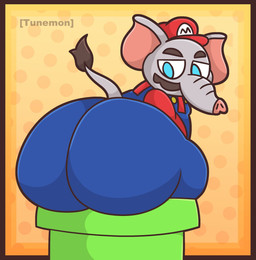 anthro big_butt butt clothing facial_hair hat headgear headwear looking_back male mustache overalls pipe solo tunemon mario_bros nintendo super_mario_bros_wonder elephant_mario mario elephant elephantid mammal proboscidean digital_media_(artwork) hi_res