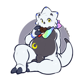 animal_genitalia anthro balls belly candy chocolate chocolate_bar dessert food fully_sheathed genitals horn kerchief kerchief_only male mostly_nude neckerchief neckerchief_only neckwear overweight sheath solo thick_thighs white_body paw-pawmot bandai_namco digimon digimon_(species) gammamon scalie alternate_version_at_source hi_res