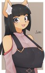 anthro big_breasts black_hair black_nose breasts cute_fangs fangs female hair inner_ear_fluff looking_at_viewer open_mouth simple_background smile solo tan_body teeth tuft arumo komena_akamori canid mammal 2021 5:8 absurd_res hi_res