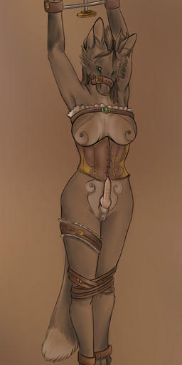 accessory alternative_fashion anthro art_nouveau big_breasts bound breasts brown_body brown_fur brown_hair clothing corset cuff_(restraint) digitigrade erection fur garter genitals green_eyes hair herm intersex lingerie muzzle_(object) muzzled penis restraints sackless shackles solo steampunk suspension tan_body tan_fur topwear vulva nyxapnea shadowfirewolf hybrid hi_res