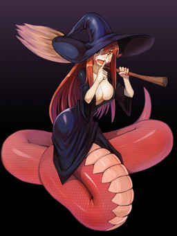 5_fingers apode big_breasts black_background breasts broom cleaning_tool clothing female fingers green_eyes hair hat headgear headwear holding_broom holding_cleaning_tool holding_object humanoid_pointy_ears legless long_hair looking_at_viewer magic_user monster_girl_(genre) non-mammal_breasts open_mouth pointy_ears red_body red_hair red_scales ring robe scales serpentine simple_background smile solo split_form witch witch_hat sookmo monster_musume miia_(monster_musume) draconcopode lamia reptile scalie snake 2017 absurd_res hi_res