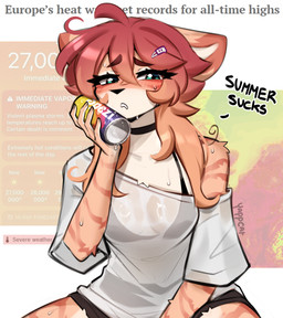 anthro biped black_nose blush bodily_fluids clothed clothing dialogue eyebrows eyelashes female fingers front_view fur hair holding_object long_hair multicolored_body off_shoulder solo sweat text yappcat yumi_(catniplewds) 2026 digital_media_(artwork) english_text hi_res