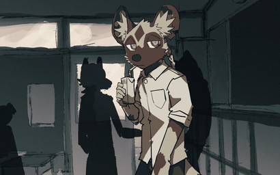 anthro biped drinking looking_at_viewer male school slim_anthro slim_male solo ptb_3_trying hyena mammal 16:10 2024 hi_res widescreen