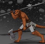 anthro armor axe barbarian brown_body brown_scales claws clothing gradient_background green_eyes halberd horn leg_armor male melee_weapon orange_face polearm rock scales shirt simple_background sky solo spikes topwear warrior weapon aydaharart mythology rex_fearless dragon mythological_creature mythological_scalie scalie absurd_res hi_res