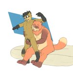 black_feet black_hands blush duo feet fur grope male male/male mattress mattress_on_floor nervous orange_body orange_fur sitting slightly_chubby standing tan_body tan_fur tongue tongue_out p_rindustries canid canine mammal raccoon_dog tanuki 1:1 hi_res