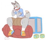 anthro block blush clothed clothing diaper diaper_under_clothing embarrassed feeding_bottle male milk solo wearing_diaper hardscales canid canine canis mammal wolf