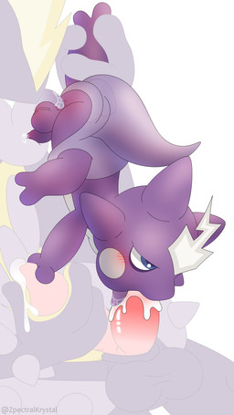 2_penises animal_genitalia animal_penis anthro anthro_on_anthro anus backsack balls blue_eyes blush bodily_fluids butt cum cum_drip cum_in_mouth cum_inside cum_on_tongue dripping drooling duo erection fellatio feral foreskin genital_fluids genitals half-closed_eyes hand_on_leg head_crest hemipenes holding_object humanoid_genitalia humanoid_penis interspecies legs_up lightning_bolt male male/male male_anthro multi_genitalia multi_penis narrowed_eyes open_mouth oral penile penis penis_in_mouth purple_body purple_skin saliva saliva_on_penis sex size_difference spiky_ears tongue tongue_out unretracted_foreskin upside_down young young_anthro young_male zpectralkrystal nintendo pokemon amped_toxtricity generation_8_pokemon humanoid pokemon_(species) toxel toxtricity absurd_res hi_res
