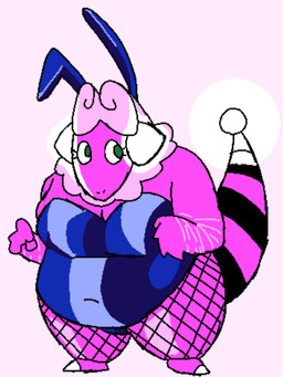anthro breasts bunny_costume cleavage clothed clothed_anthro clothed_female clothing costume fake_ears fake_rabbit_ears female fishnet_clothing fishnet_legwear fur glistening glistening_clothing glowing glowing_ears glowing_tail glowing_tail_tip green_eyes legwear overweight overweight_anthro overweight_female pink_body scar self-harm_scars short simple_background solo standing tail wool_(fur) wool_hair skyhighbaa nintendo pokemon bovid caprine flaaffy generation_2_pokemon mammal pokemon_(species) sheep shiny_pokemon 3:4 absurd_res hi_res