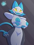 anthro areola armless big_breasts blue_areola blue_nipples blush breasts cable_tail female floating_hands machine nipples solo yellow_eyes vivzlover deltarune undertale_(series) tasque_manager darkner felid feline mammal robot hi_res