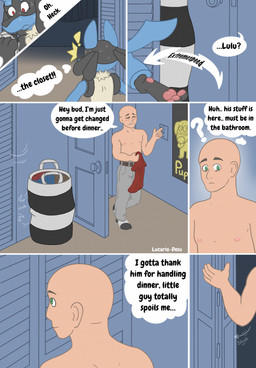 anthro bald blush bodily_fluids caught_in_the_act closet clothed clothing dialogue door duo hiding inner_monologue laundry_basket male male/male male_human movement movie_poster nervous nipples panicking pawpads paws pokemon_move poster_(object) scent_play sweat sweatdrop text thinking thought_bubble topless topless_human topless_male lucario-desu nintendo pokemon lulu_(lucario-desu) canid canine canis domestic_dog generation_4_pokemon human lucario mammal pokemon_(species) comic english_text hi_res