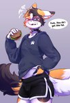 5_fingers anthro belly_grab black_body black_bottomwear black_clothing black_fur black_shorts blush bottomwear bulge burger choker clothed clothing crumbs cute_fangs dialogue dipstick_ears dipstick_tail dolphin_shorts ear_markings eating eyewear fangs femboy fingers food fur glasses grey_background grey_clothing grey_shirt grey_topwear heart_symbol inner_ear_fluff jewelry long_sleeve_shirt long_tail looking_down male markings multicolored_body multicolored_ears multicolored_fur necklace open_mouth orange_body orange_fur profanity shirt shorts simple_background solo speech_bubble standing tail tail_markings teeth text topwear tuft white_body white_fur white_inner_ear_fluff pokithekat poki_(pokithekat) calico_cat domestic_cat felid feline felis mammal 2025 english_text hi_res