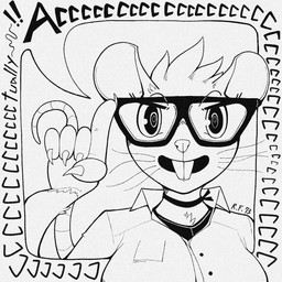 anthro breasts buckteeth choker claws clothed clothing eyewear female fur glasses jewelry necklace nerd solo speech_bubble tail teeth text topwear whiskers gompami nerd_emoji_(meme) mammal mouse murid murine rat rodent 1:1 2025 black_and_white english_text hi_res monochrome