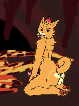 anthro anus balls bedroom_eyes bent_legs bodily_fluids cave dripping drooling fur genital_fluids genitals kneeling leaking_anus male narrowed_eyes orange_body orange_fur pawpads penis precum precum_drip red_eyes saliva seductive solo stalactite teasing teasing_viewer tongue tongue_out volcanic_activity soubifaetan nintendo pokemon pokemon_winds_and_waves canid canine generation_10_pokemon mammal pokemon_(species) pombon 2026 digital_drawing_(artwork) digital_media_(artwork) adult_(lore)
