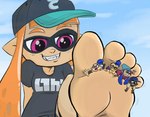 blue_hair fangs feet female foot_fetish foot_focus group hair humanoid_feet macro male male/female micro orange_hair pink_eyes plantigrade size_difference smile teeth toes kuroiwolf nintendo splatoon inkling_boy inkling_girl kuroi_(kuroiwolf) cephalopod humanoid inkling marine mollusk