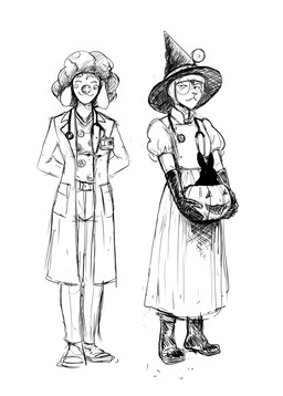 ambiguous_gender anthro belt boots bottomwear clothed clothed_anthro clothing clown_nose costume doctor eyewear female feral floppy_ears food footwear fruit fully_clothed fully_clothed_anthro glasses group hat headgear headwear holidays jack-o'-lantern larger_female larger_male looking_at_viewer male medical_gloves medical_instrument pants plant pumpkin scientific_instrument shoes size_difference smaller_ambiguous smile smiling_at_viewer stethoscope trio wearing_glasses wig witch_hat hladilnik halloween cedric_(hladilnik) mary_ann_(hladilnik) american_opossum canid canine canis domestic_dog lagomorph leporid mammal marsupial rabbit hi_res monochrome sketch