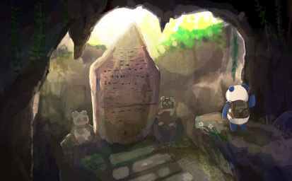 ambiguous_gender anthro backpack blue_body blue_fur chibi detailed_background fur multicolored_body multicolored_fur sculpture solo statue two_tone_body two_tone_fur white_body white_fur araru bear giant_panda inanimate_object mammal 2020
