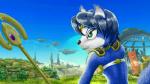 accessory anthro armor battlefield black_nose blue_body blue_fur blue_hair bracers clothing cloud female flag fur gem grass green_eyes hair hair_accessory hairband jewelry melee_weapon outside plant polearm short_hair shoulder_pads solo staff tribal weapon white_body white_fur mastermario90 miiverse nintendo star_fox super_smash_bros. krystal_(star_fox) canid canine fox mammal 16:9 widescreen