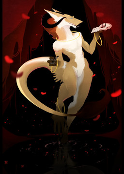 abstract_background anthro bangle blue_eyes bone claws countershading digitigrade featureless_crotch female flat_chested horn jewelry nude sharp_teeth skull solo tail tail_tuft teeth toe_claws tongue tongue_out tuft water water_ripple kredri rhisa sergal hi_res