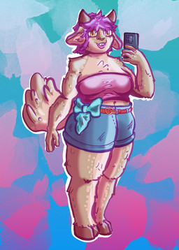 anthro bottomwear cellphone clothing denim denim_bottomwear denim_clothing denim_shorts electronics female holding_object holding_phone horn phone shorts slightly_chubby smartphone solo tail yellow_eyes reptilian_boxer bovid caprine mammal sheep hi_res