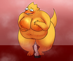 anthro belly blush bodily_fluids breasts dildo eyewear female genital_fluids glasses holding_breast musk musk_cloud nipples obese obese_anthro obese_female overweight overweight_anthro overweight_female scales sex_toy solo sweat vaginal_fluids yellow_body yellow_scales oxkingky undertale undertale_(series) alphys reptile scalie