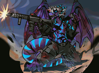 abs anthro assault_rifle athletic athletic_anthro athletic_male belt blood blue_markings bodily_fluids bottomwear clothed clothing digitigrade feet gun hair jacket m4 male markings mk18 nipples open_clothing open_jacket open_topwear pants pecs purple_body ranged_weapon rifle screaming shirtless shooting solo tail topwear weapon white_hair wings wounded aliengatorr mythology grydir_dacanoor_(griffonki) dragon mythological_creature mythological_scalie scalie hi_res
