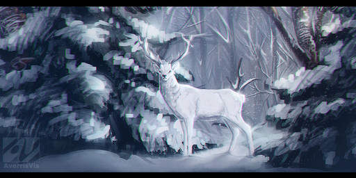 black_bars black_nose feral forest fur male plant snow solo standing tree white_body white_fur averrisvis deer mammal 2015 digital_media_(artwork)