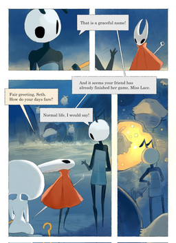 antennae_(anatomy) anthro biped black_body black_eyes cauldron cloak clothing detailed_background dialogue empty_eyes eye_contact female female_anthro female_humanoid gesture grey_body group hornet's_needle looking_at_another mouthless red_cloak red_clothing sitting speech_bubble talking_to_another text trio_focus waving white_body white_eyes darkdog hollow_knight:_silksong hollow_knight_(franchise) team_cherry grishkin_(hollow_knight:_silksong) hornet_(hollow_knight) lace_(hollow_knight:_silksong) seth_(hollow_knight:_silksong) varga_(hollow_knight:_silksong) arthropod flea_(hollow_knight:_silksong) humanoid 2025 comic digital_drawing_(artwork) digital_media_(artwork) english_text hi_res